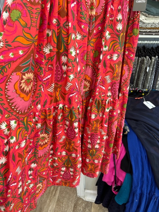 Vince Camuto Pink & Orange Floral Midi Dress with Puff Sleeves - Picture 3 of 6